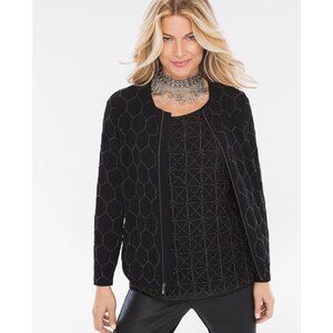 Chicos 2 geometric pattern beaded bomber jacket black size large women's